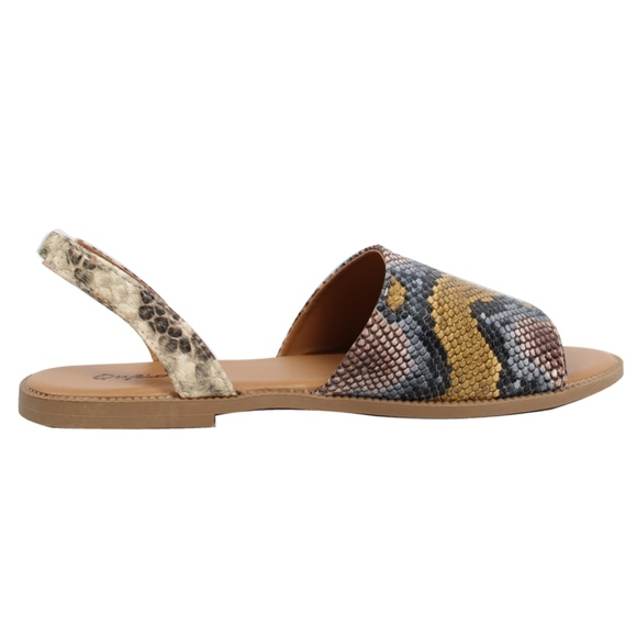 Tan Blue Snake Color Open Toe Flat  Slingback - Picture 4 of 7